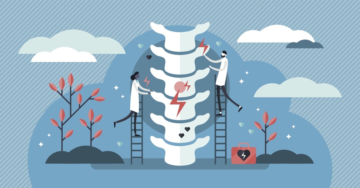 Graphic of two doctors climbing on ladders working on an illustrated spine